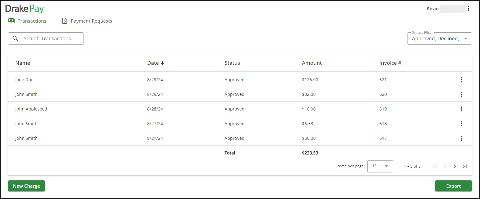 Image showing the transaction grid.